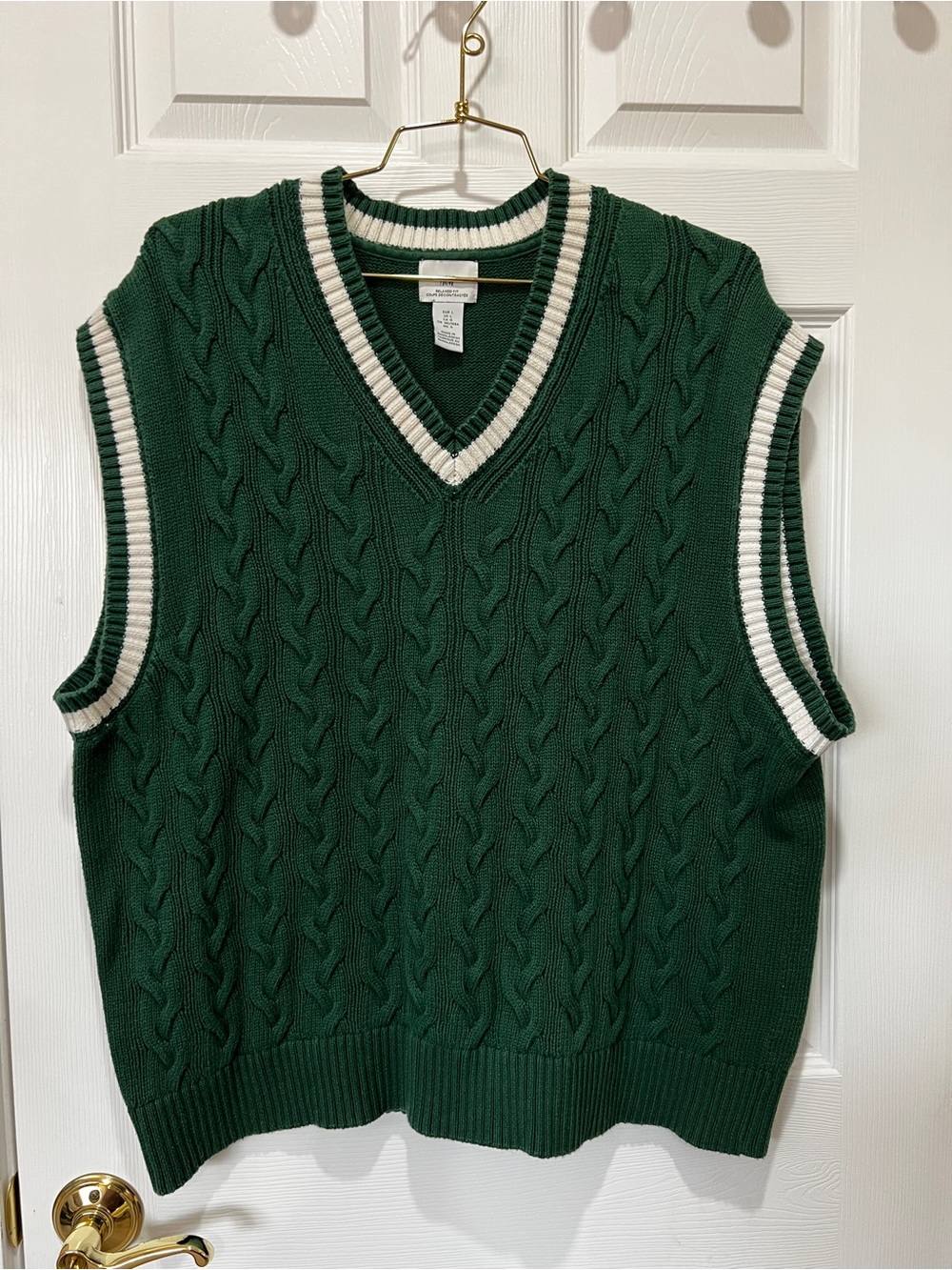 H&M Relaxed Fit Cable-Knit Sweater Vest Size Large Cotton Green White Varsity